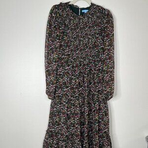 Draper James RSVP Green Floral Long Sleeve MAxi Dress with Ruffle Hem & Smocking